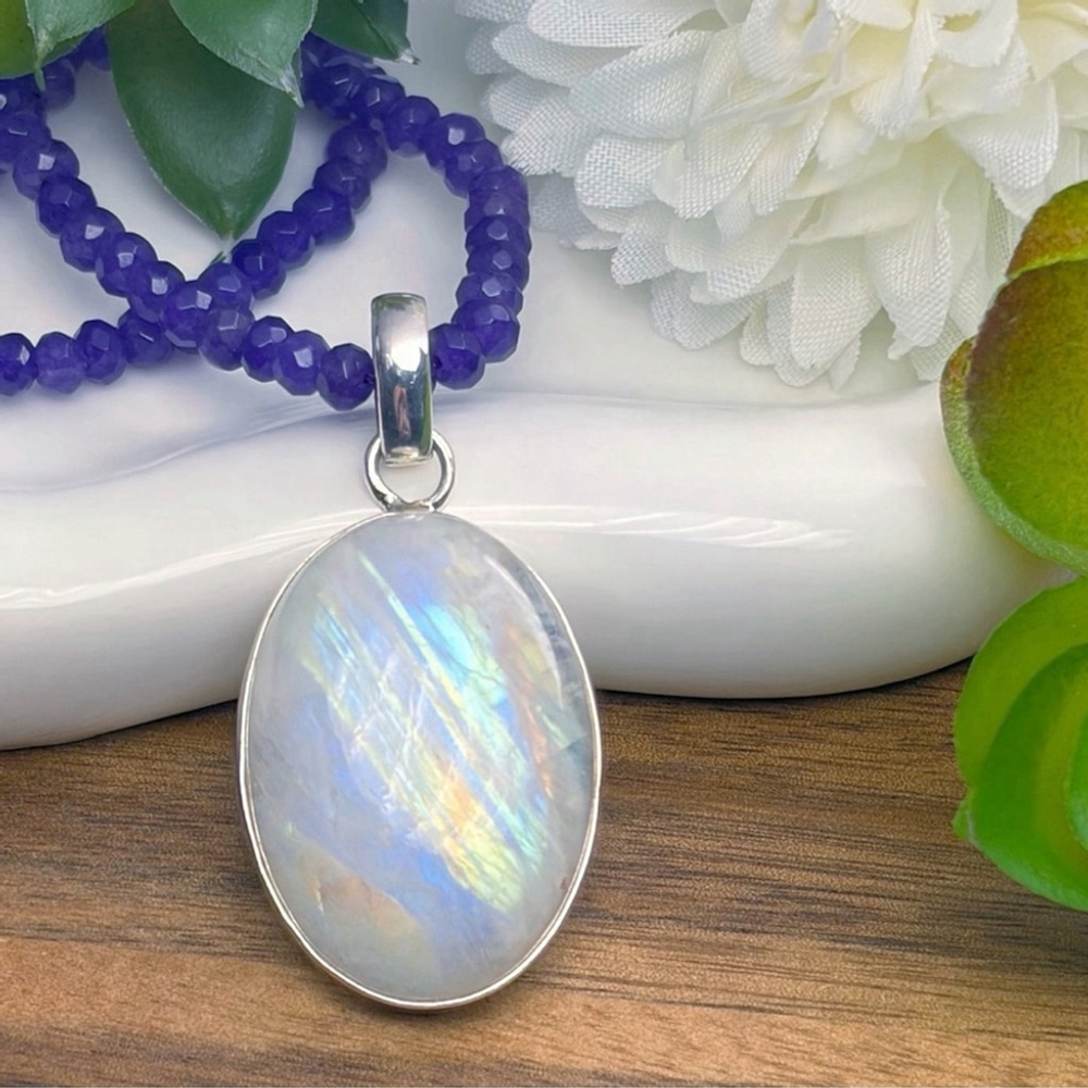 Rainbow Moonstone Pendant Necklace Pure Sterling Silver 925 Boho Southwest - Picture 9 of 10